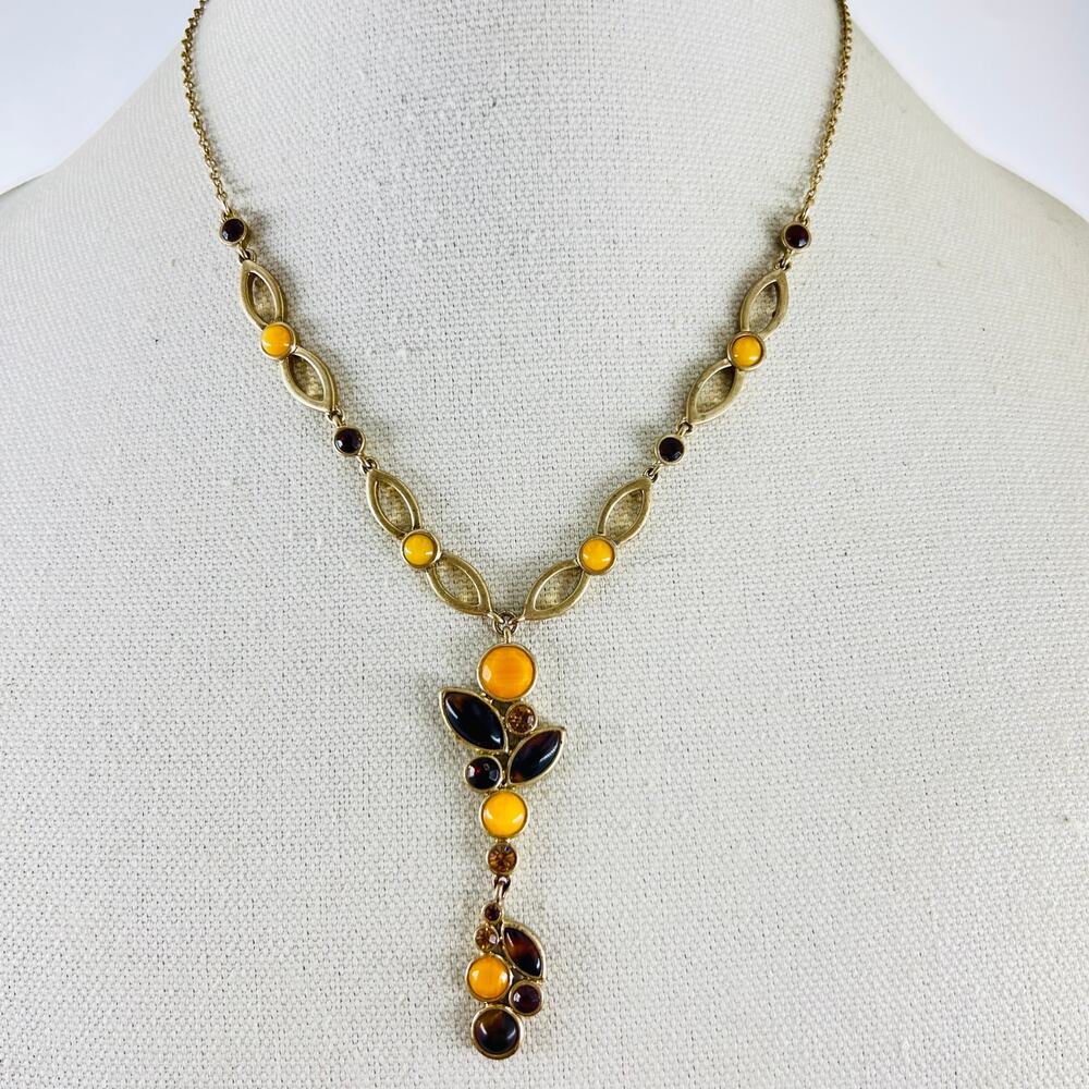 Boho Y2K Statement Necklace Amber Brown Yellow Gold Tone Earthy Fall Fashion
